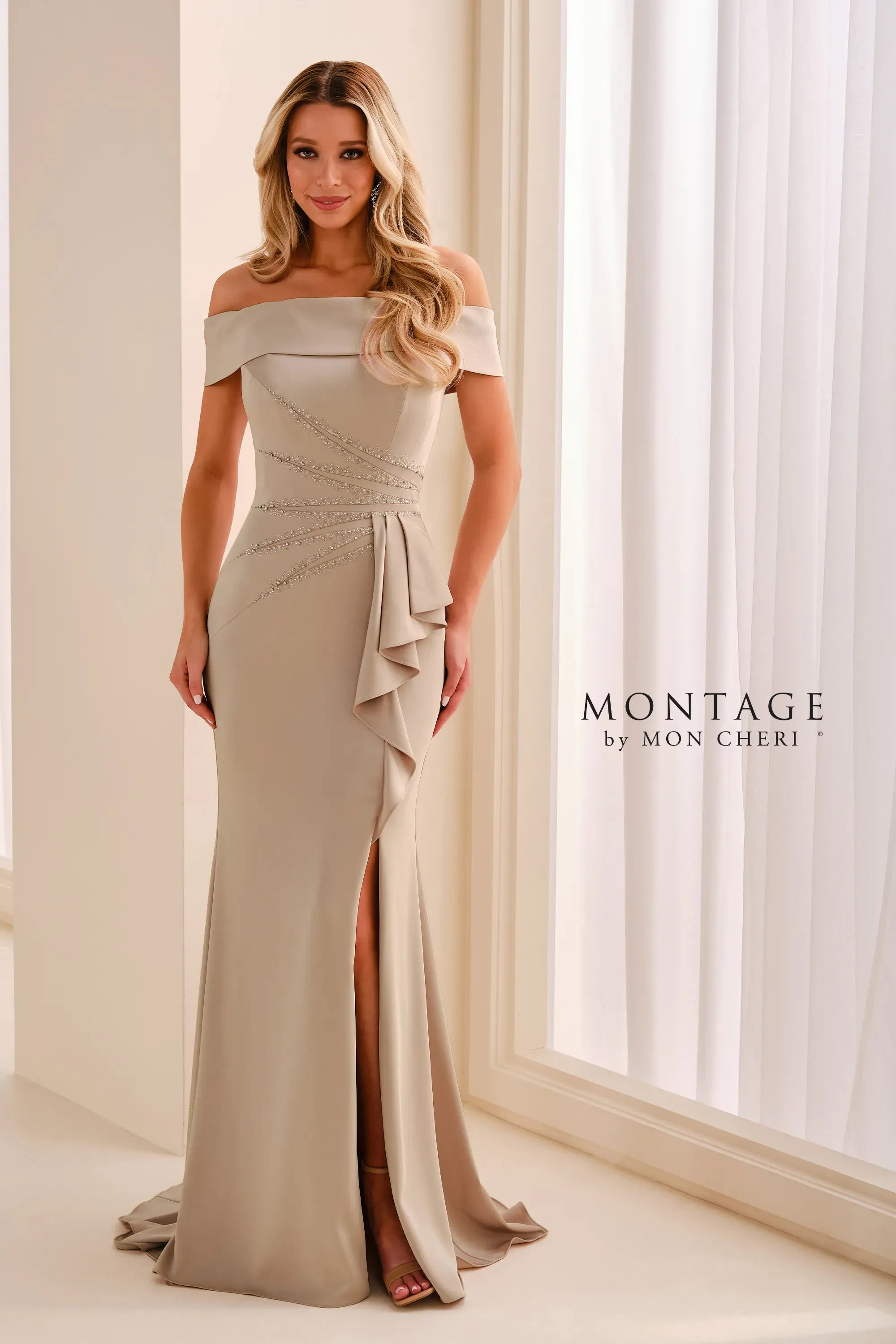 Off-the-Shoulder Floor-Length Crepe Formal Mermaid Dress Montage M3213