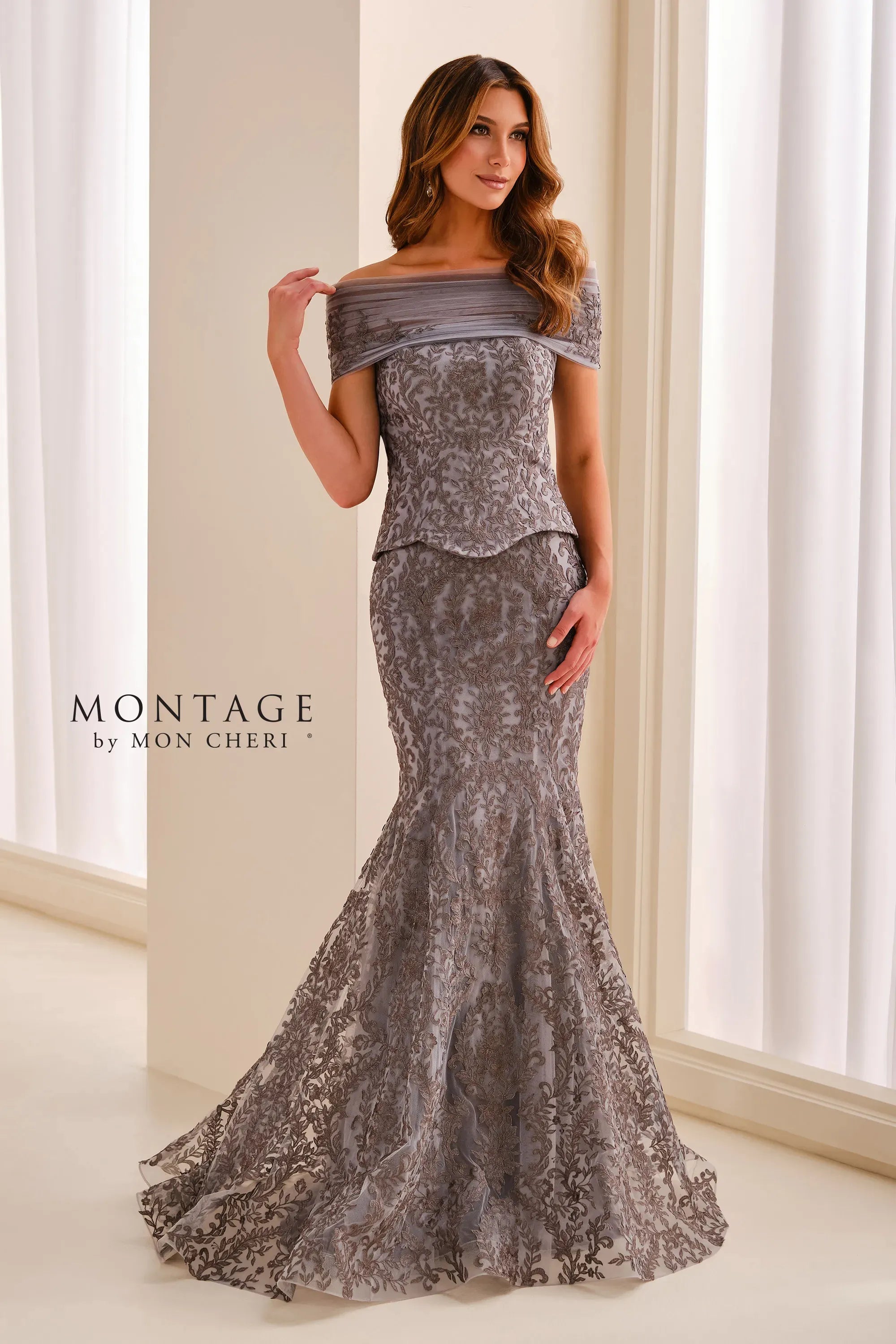 Off-the-Shoulder Floor-Length Lace Formal Mermaid Dress Montage M3218