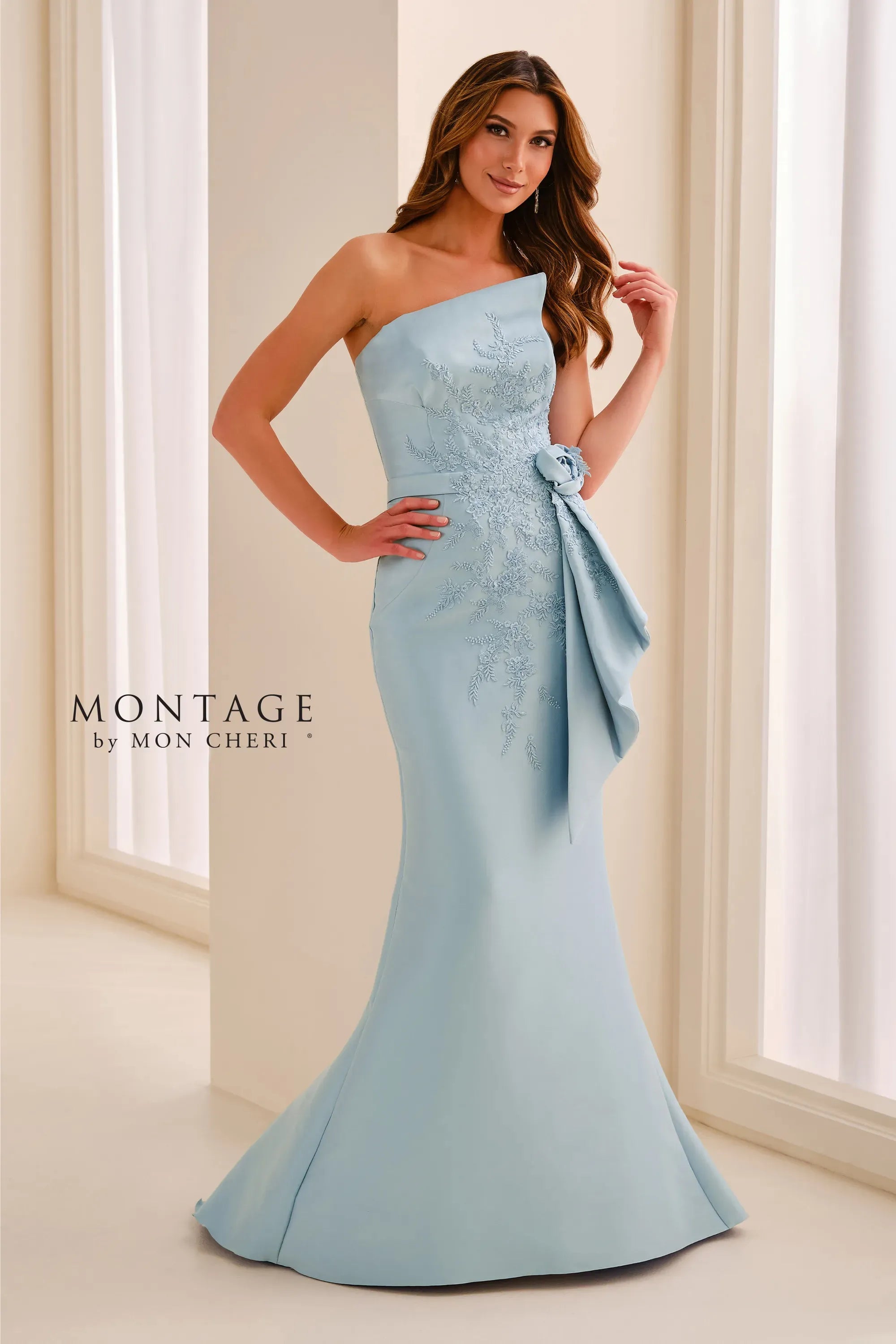 One-Shoulder Floor-Length Satin Formal Sheath Column Montage M3219