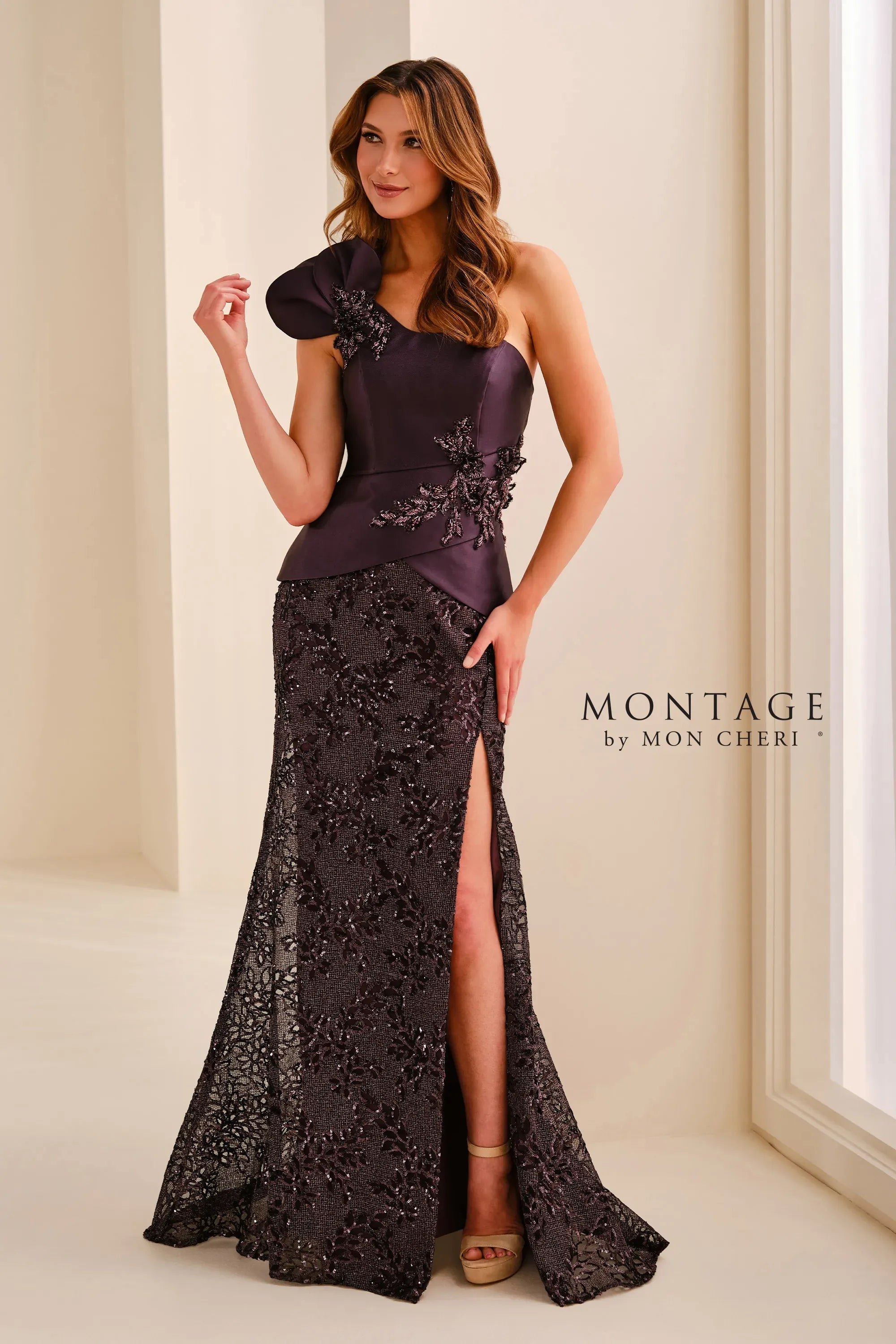 One-Shoulder Floor-Length Satin Formal Sheath/Column Montage M3223