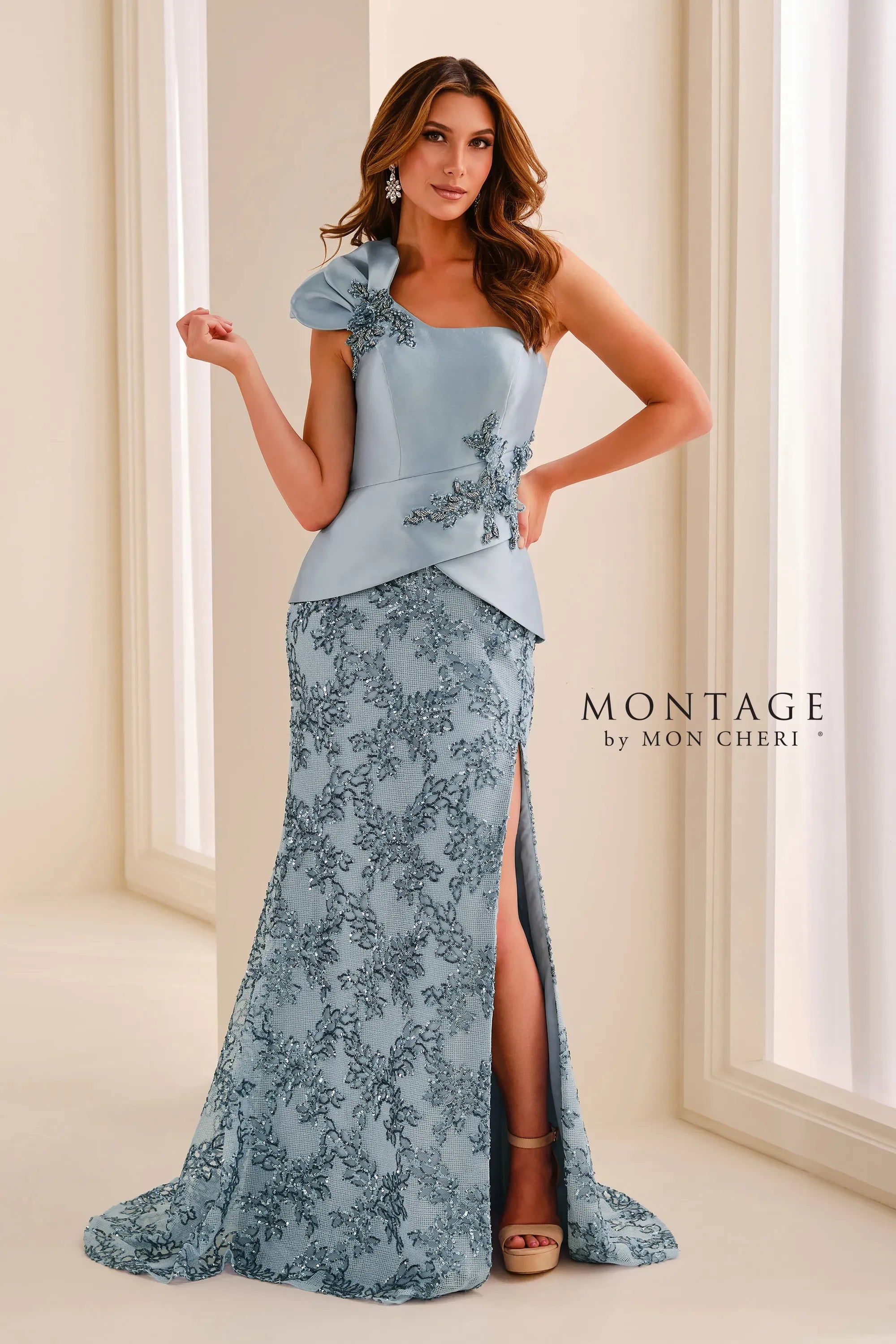 One-Shoulder Floor-Length Satin Formal Sheath/Column Montage M3223
