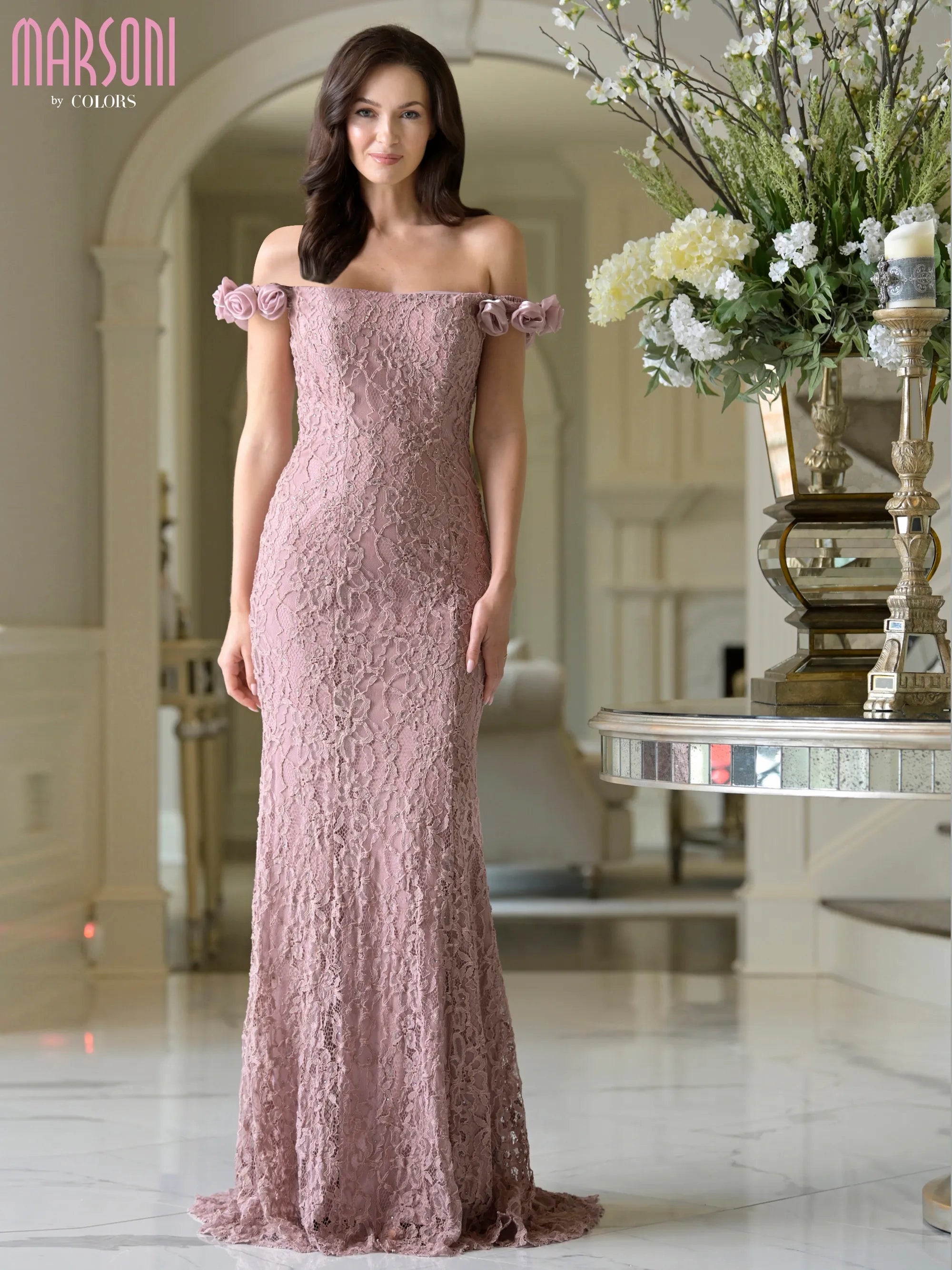 Prom Dresses Long Formal Lace 3D Floral Fitted Prom Dress Dusty Rose