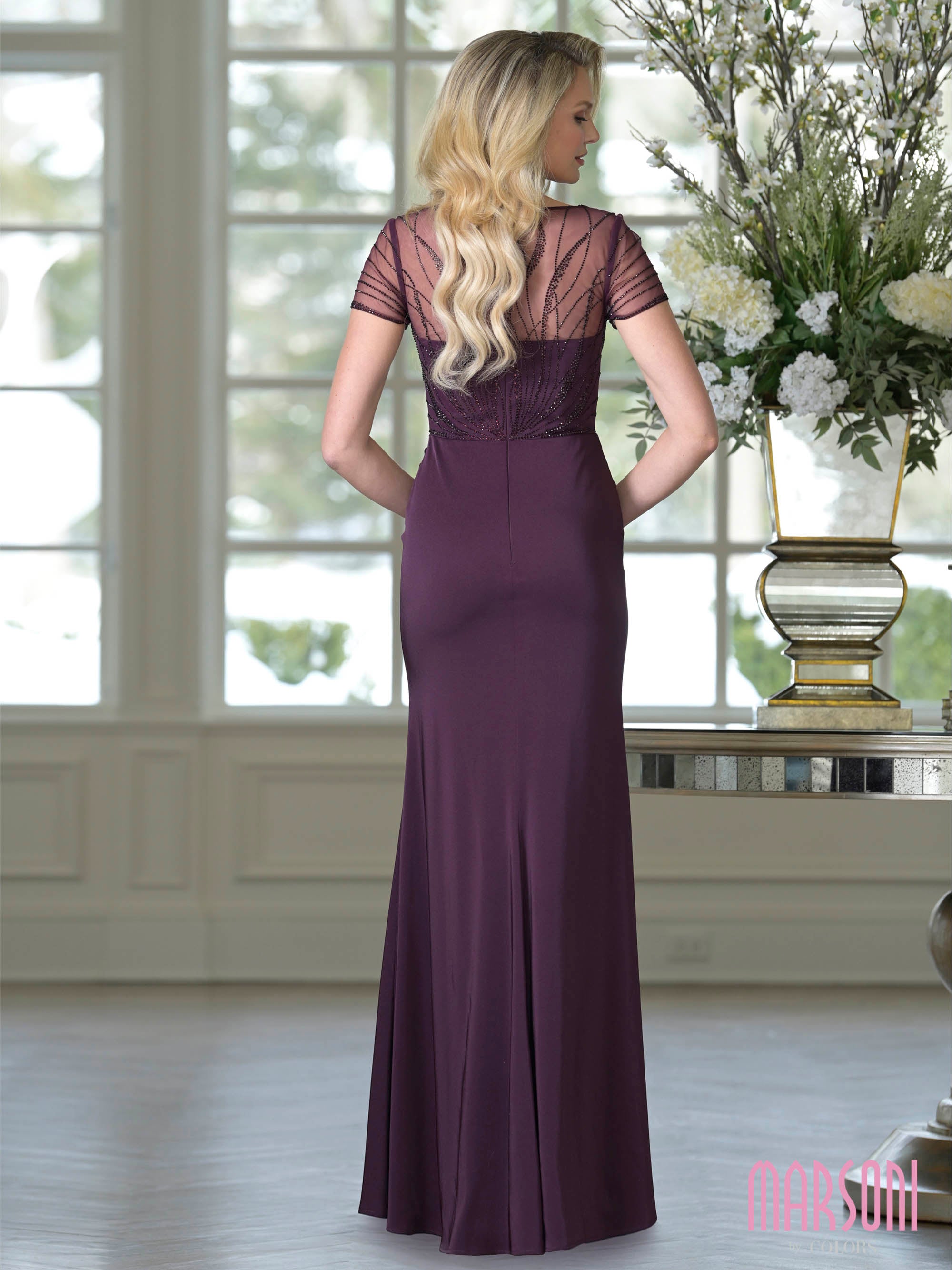 Eggplant Illusion Bateau Floor-Length Jersey Formal Sheath Dress Beaded Bodice Marsoni M350
