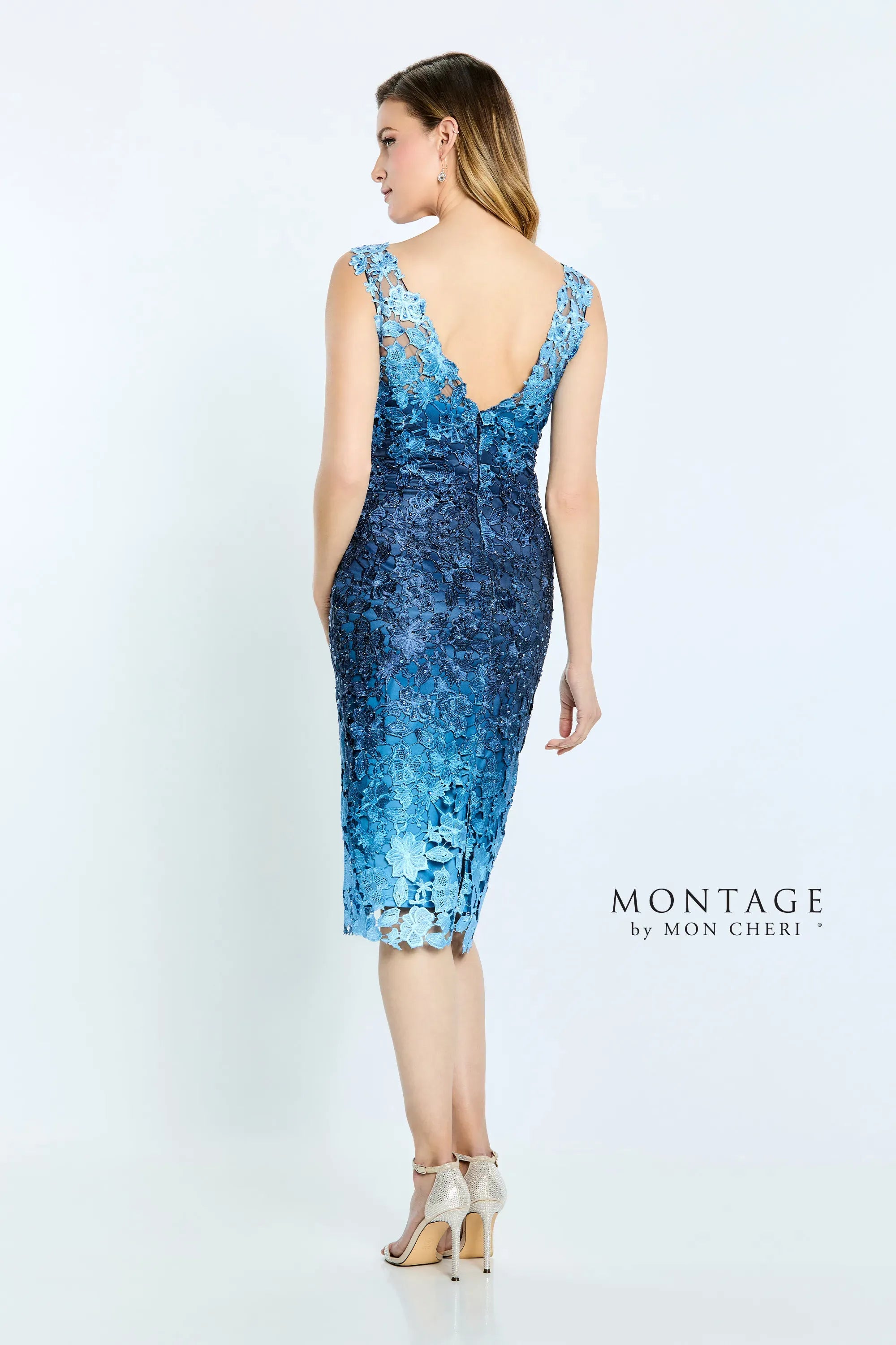 Cocktail Dresses Short Beaded Ombre Lace Knee Length Cocktail Dress Navy/Light Blue/Multi