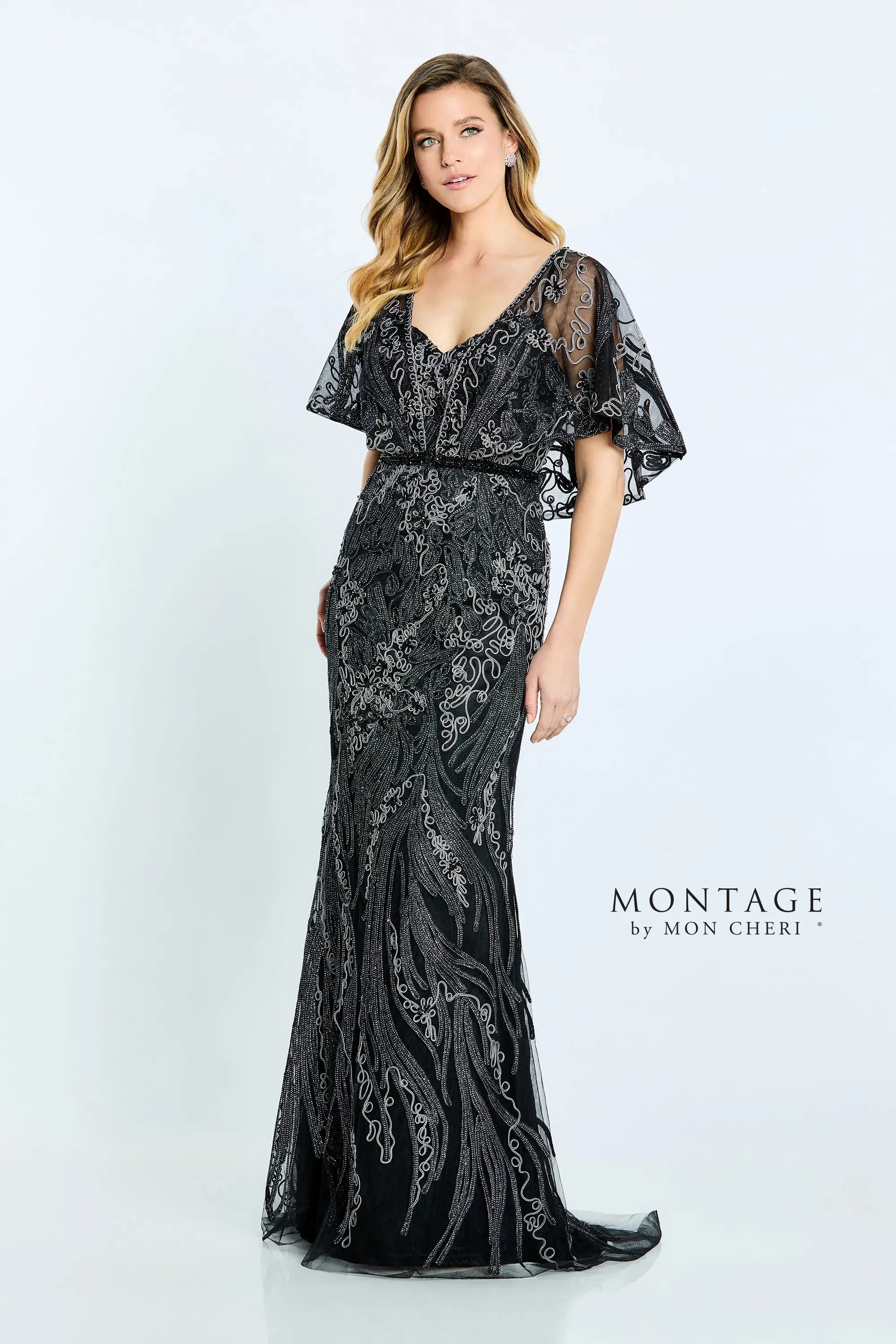 Formal Dresses Long Formal Detachable Capelet Lace Dress Black/Gunmetal
