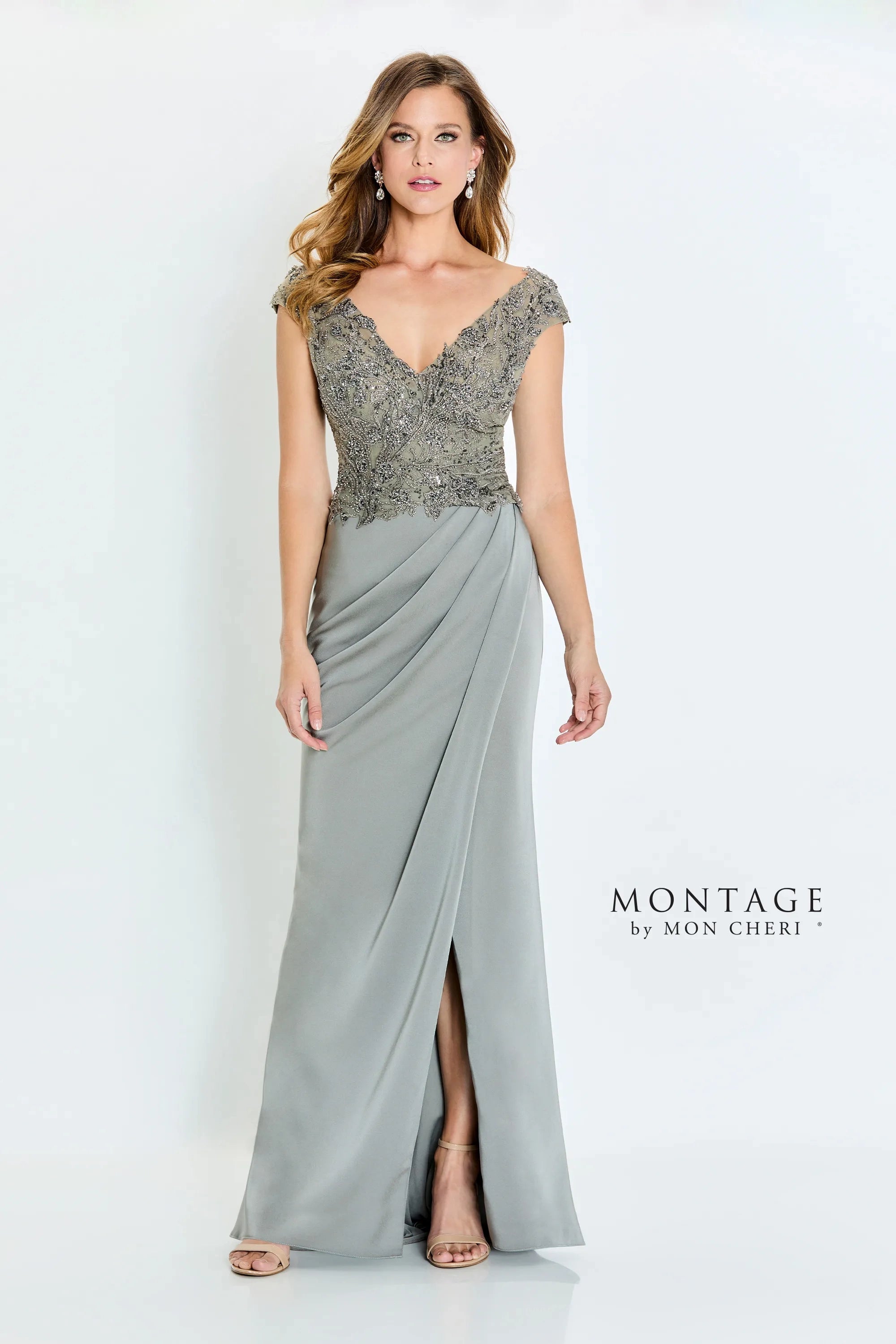 Formal Dresses Long Pleated Formal Beaded Slit Evening Dress Taupe