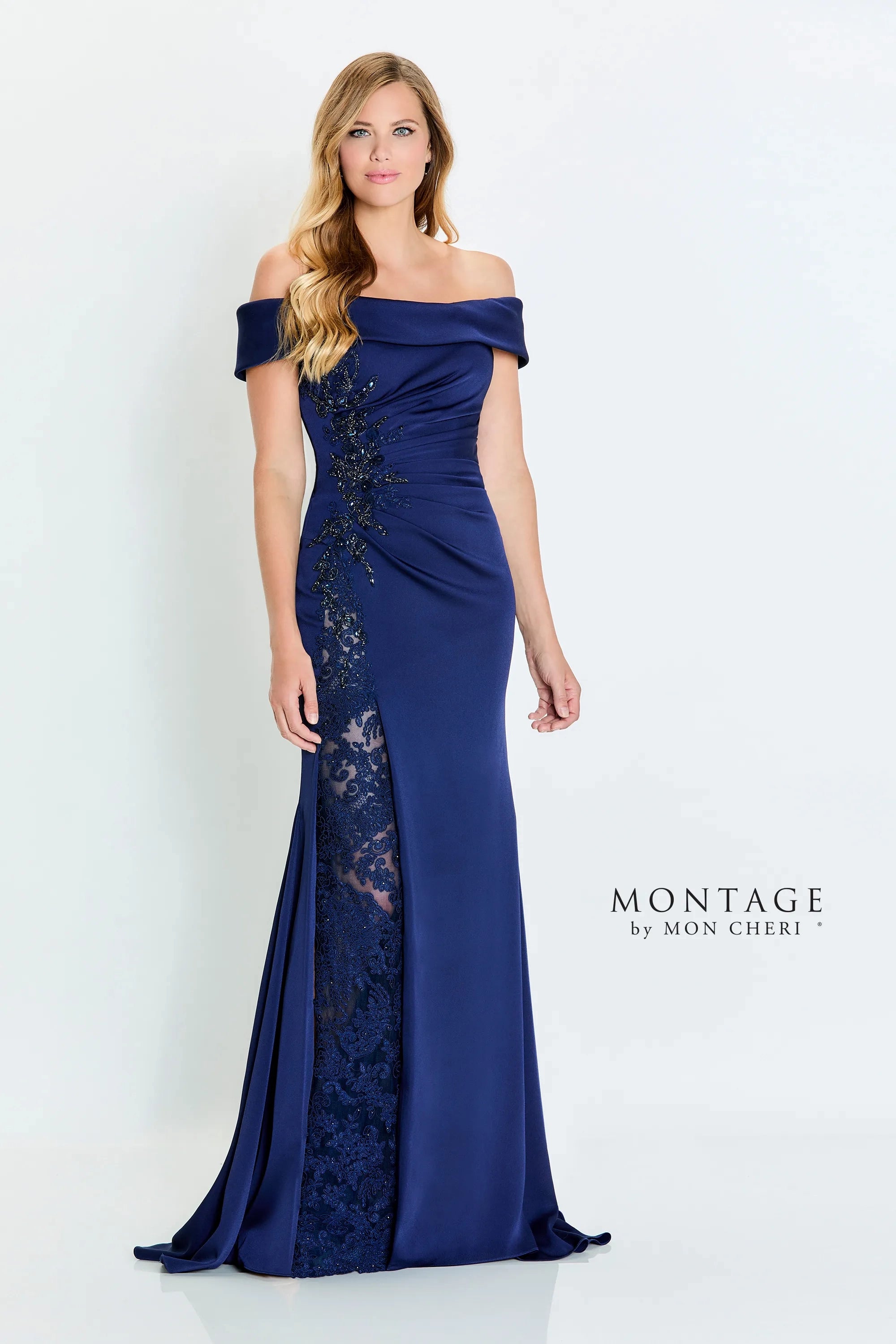 Navy Blue Montage M535 Long Formal Beaded Lace Applique Evening Dress