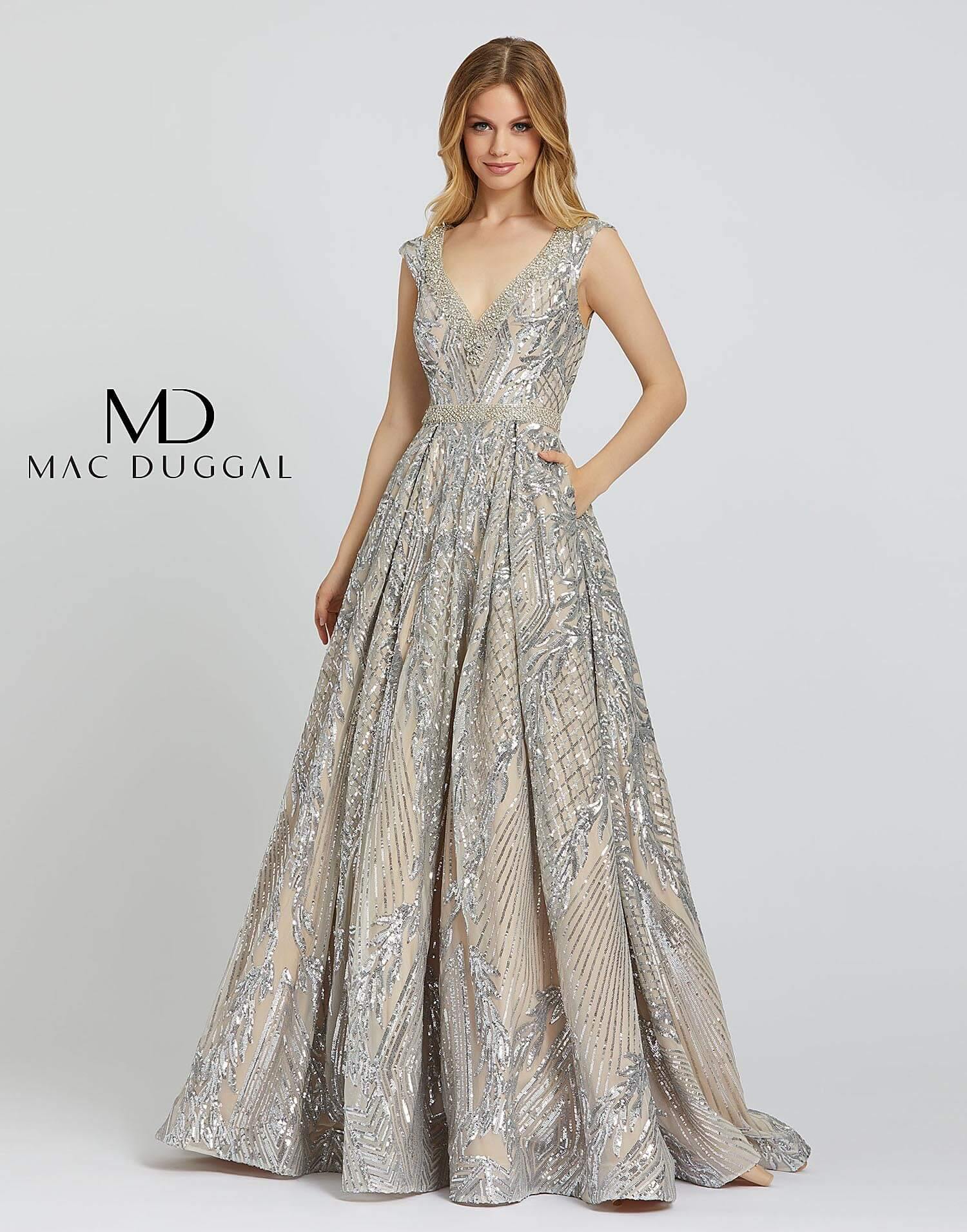 Silver Mac Duggal Long Prom Dress Formal Beaded Ball Gown Sale
