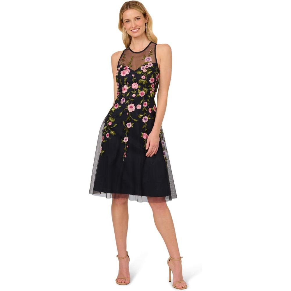 Midnight Multi Adrianna Papell AP1E211920 High-Neck Short Embroidered Floral Cocktail Dress