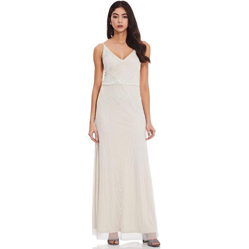Ivory Adrianna Papell AP1E207245 V-Neck Long Mesh Gown with Popover Bodice