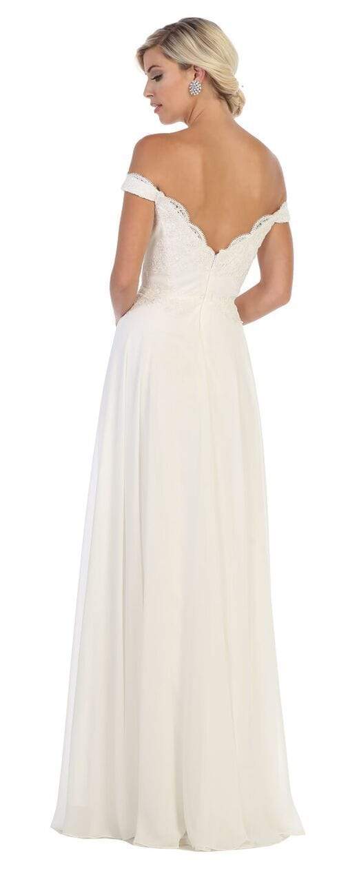 Ivory May Queen MQ1644 Off-The-Shoulder Bodice Long Chiffon Wedding Dress Lace