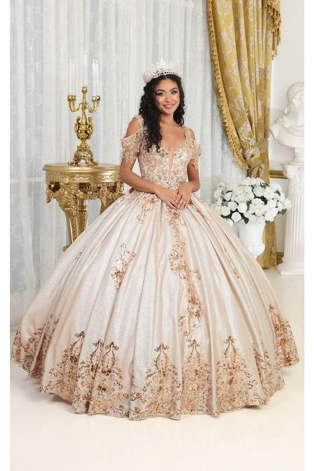 Cold-Shoulder Floor-Length Tulle Quinceañera Ball Gown May Queen LK213