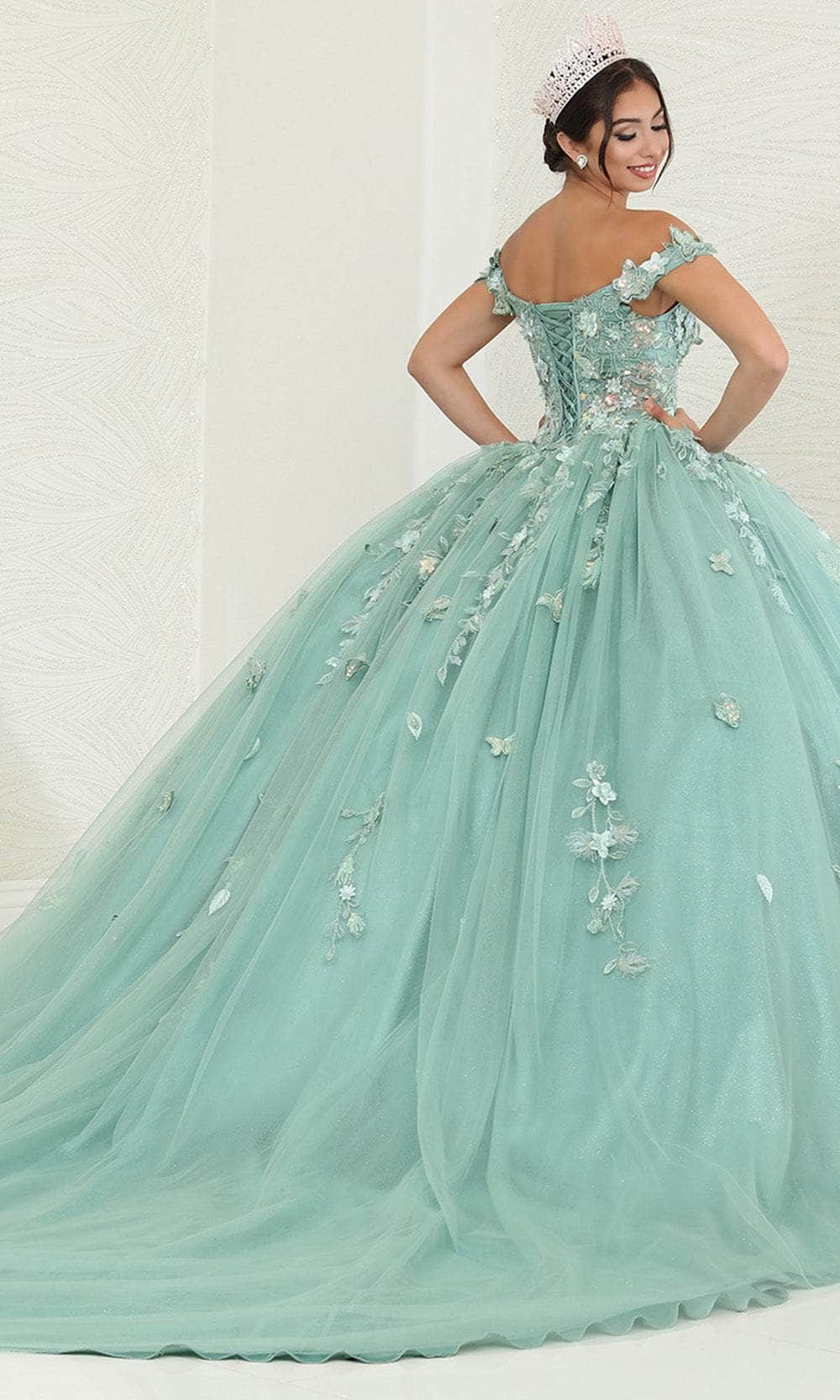 Off-the-Shoulder Floor-Length with Train Tulle Quinceañera Ball Gown May Queen LK240