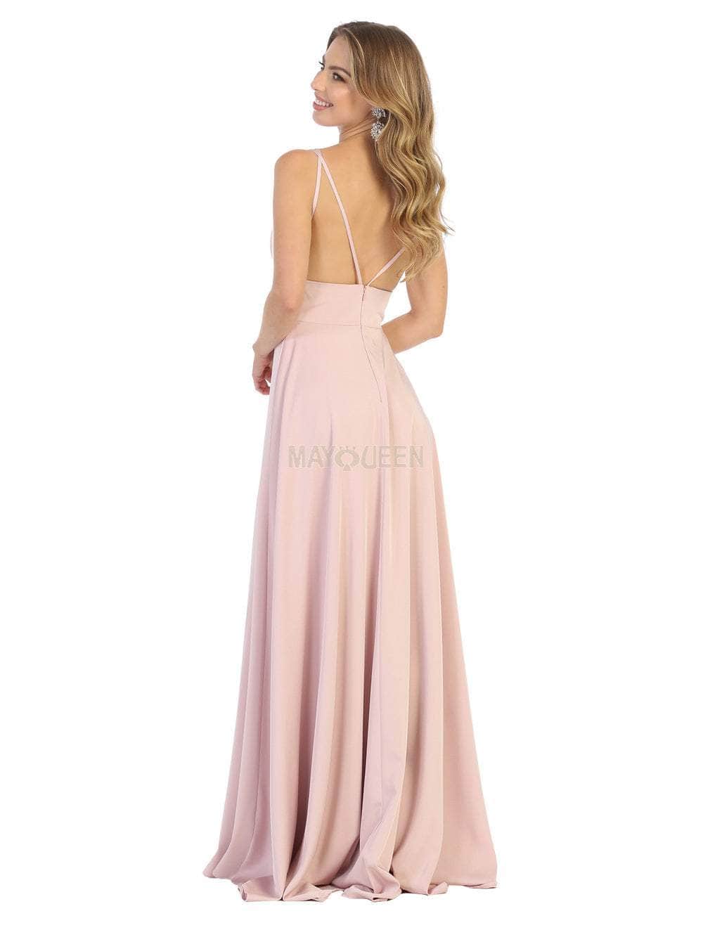 Dusty Rose V-Neck Floor-Length Chiffon Prom Dress High Slit May Queen MQ1704