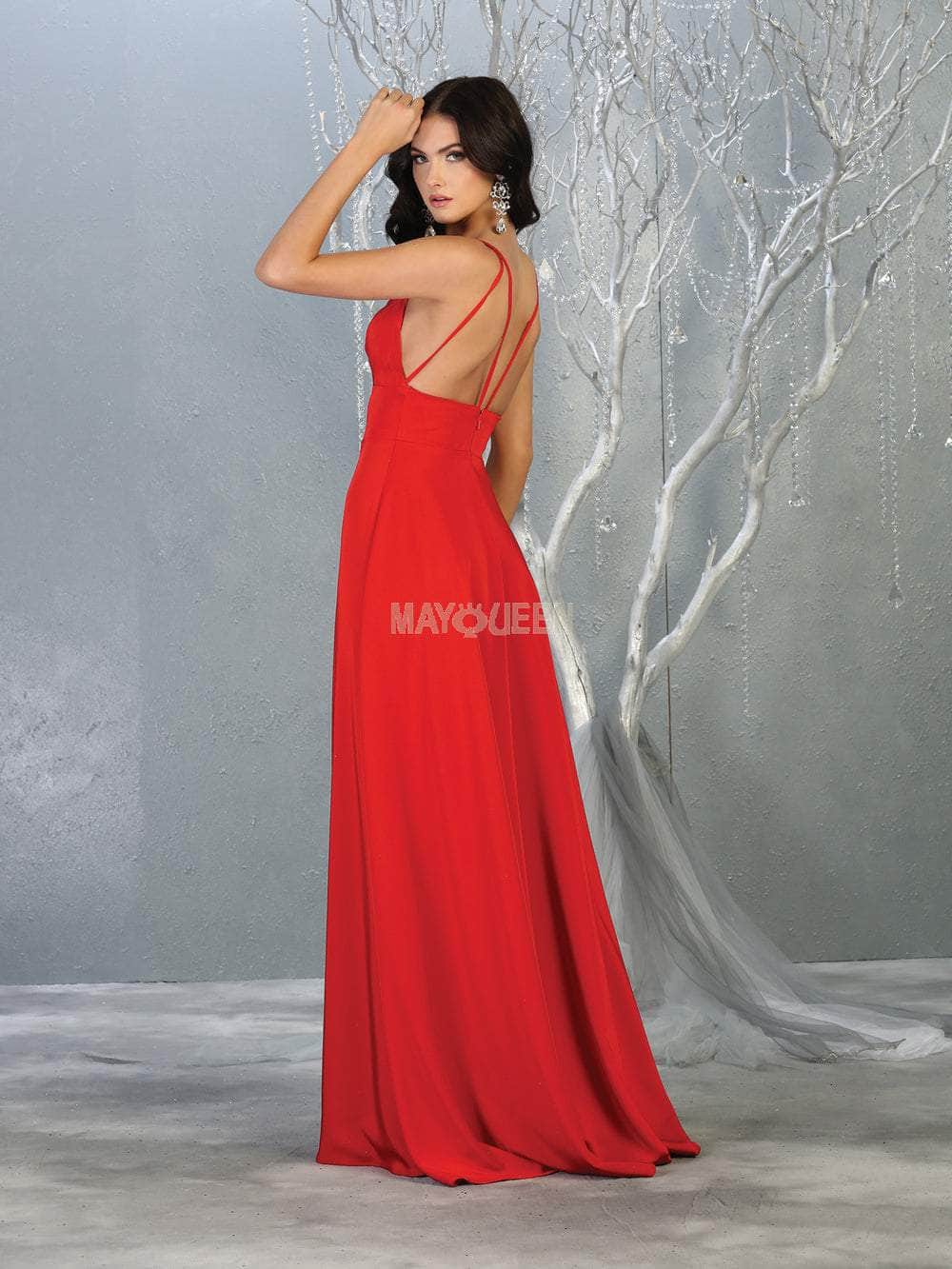 Red V-Neck Floor-Length Chiffon Prom Dress High Slit May Queen MQ1704