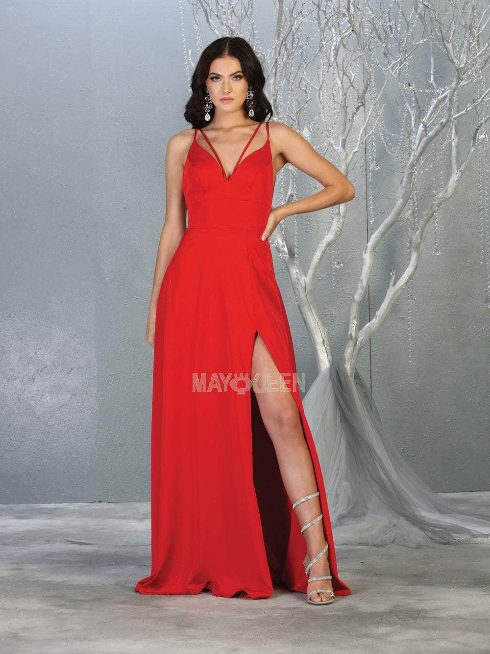 Red V-Neck Floor-Length Chiffon Prom Dress High Slit May Queen MQ1704