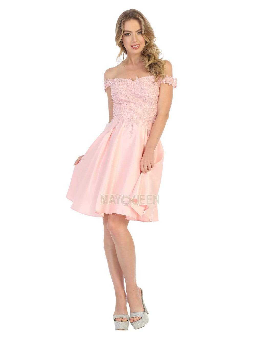Blush Off-Shoulder Short Satin Cocktail Dress Lace May Queen MQ1766