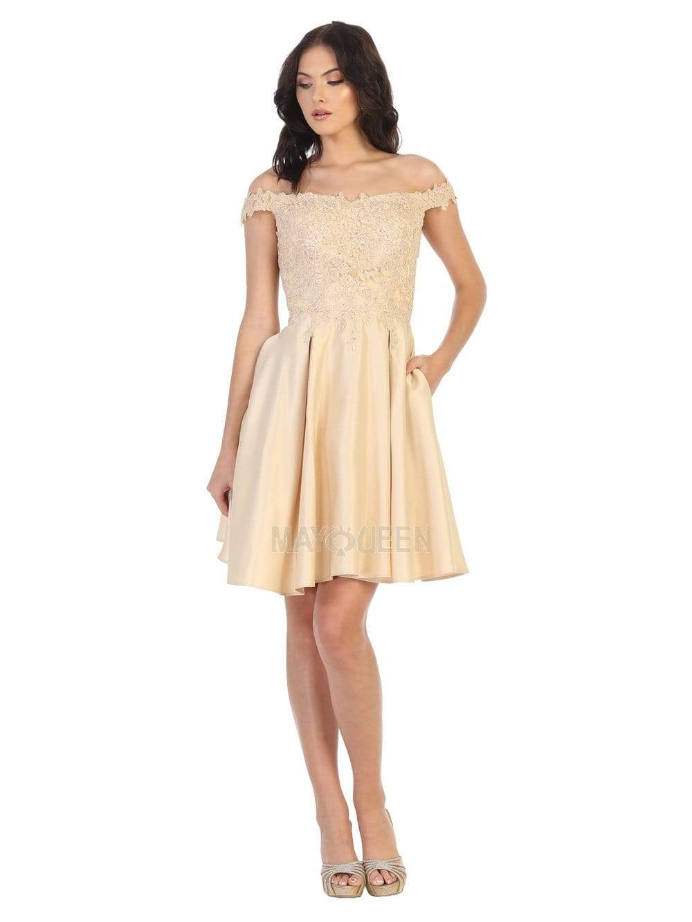 Champagne Off-Shoulder Short Satin Cocktail Dress Lace May Queen MQ1766