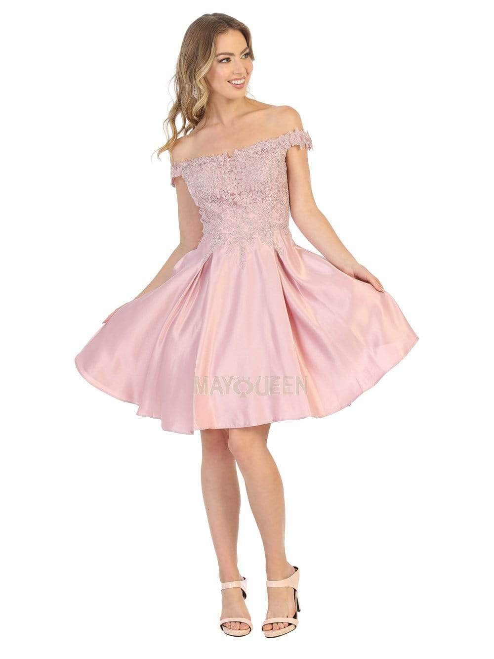 Mauve Off-Shoulder Short Satin Cocktail Dress Lace May Queen MQ1766