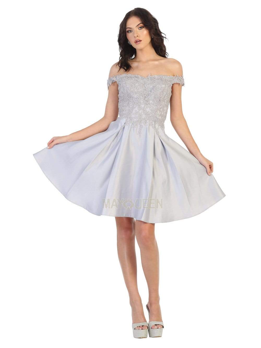 Silver Off-Shoulder Short Satin Cocktail Dress Lace May Queen MQ1766