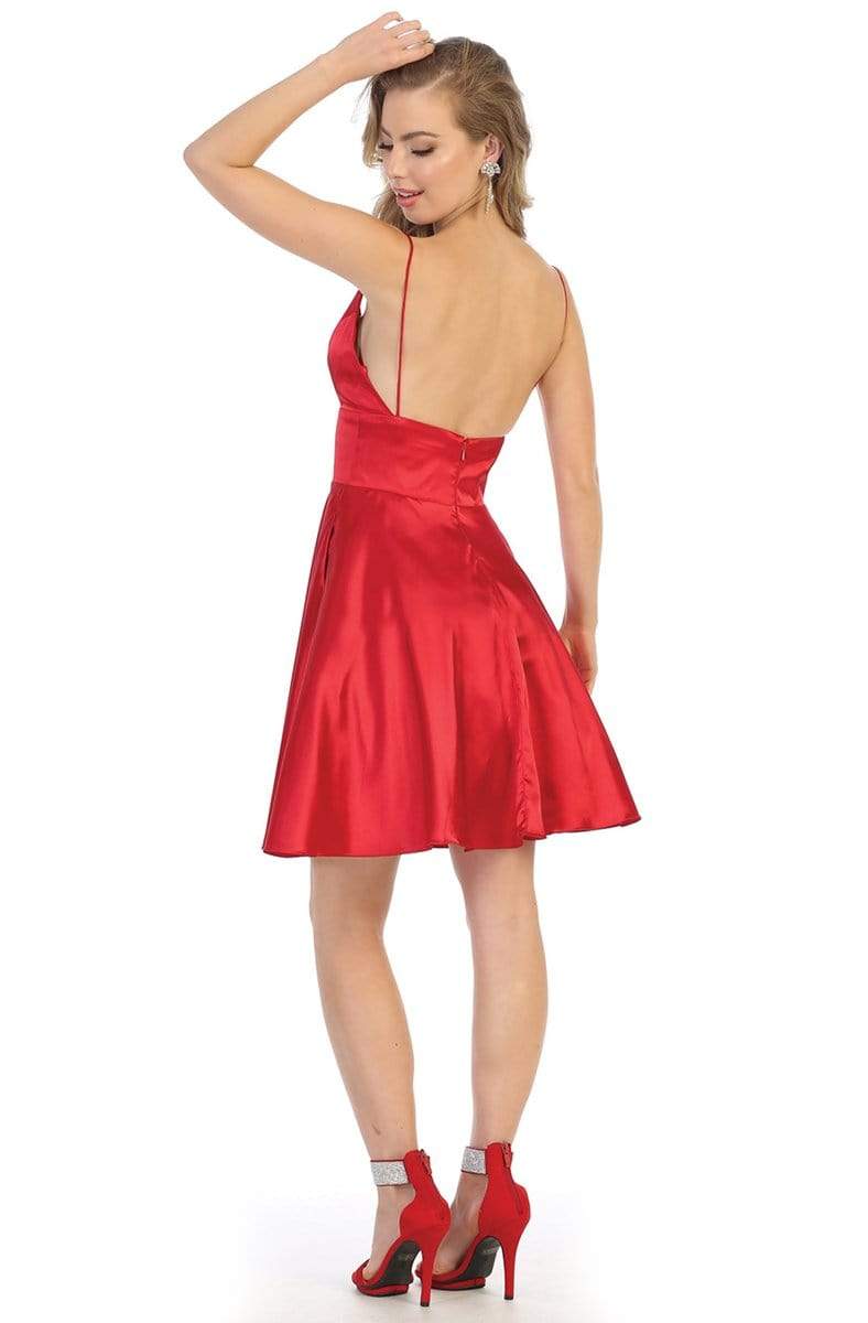 Red V-Neck Short Satin Homecoming Dress Open Back May Queen MQ1770