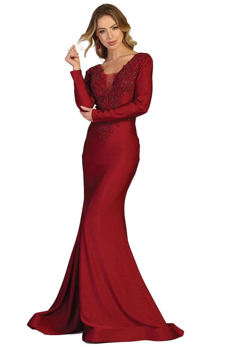 Burgundy V-Neck Floor-Length Jersey Formal Long-Sleeve Gown May Queen MQ1772