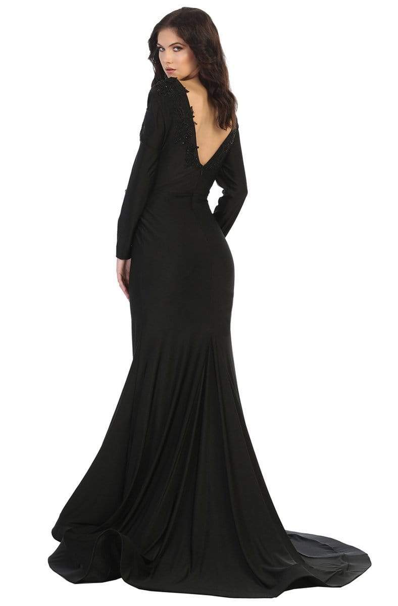 Black V-Neck Floor-Length Jersey Formal Long-Sleeve Gown May Queen MQ1772