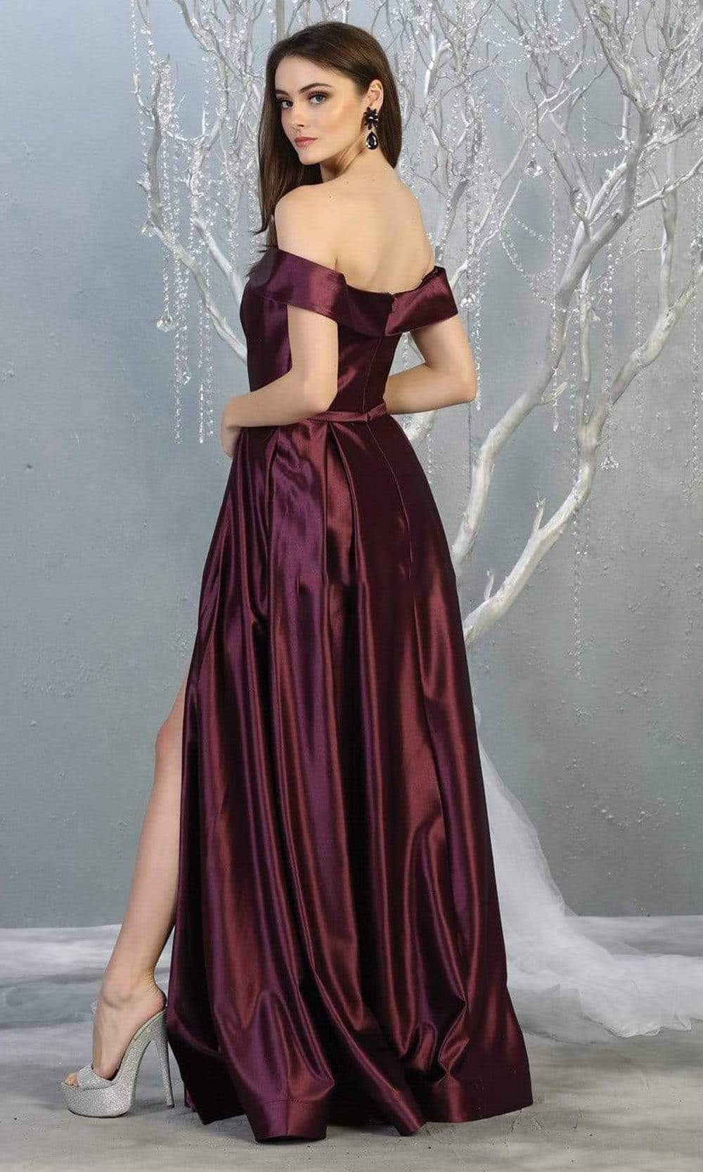 Burgundy Off-the-Shoulder Floor-Length Satin Formal Dress High Slit May Queen MQ1781