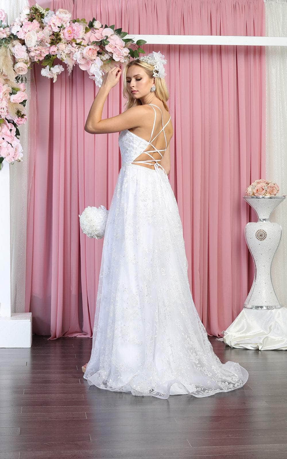 White V-Neck Floor-Length Sequin Wedding Lace-Up Gown May Queen MQ1787