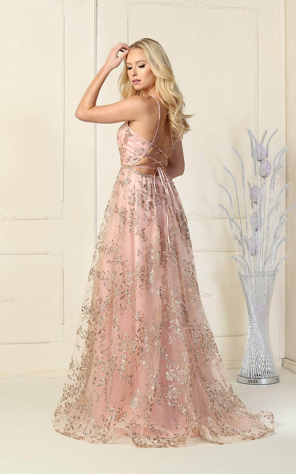 Rosegold V-Neck Floor-Length Sequin Formal Lace-Up Gown May Queen MQ1787