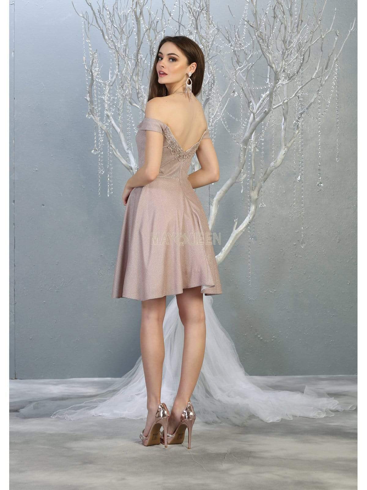 Rose Gold Off-Shoulder Short Glitter Cocktail Dress A-Line May Queen MQ1788