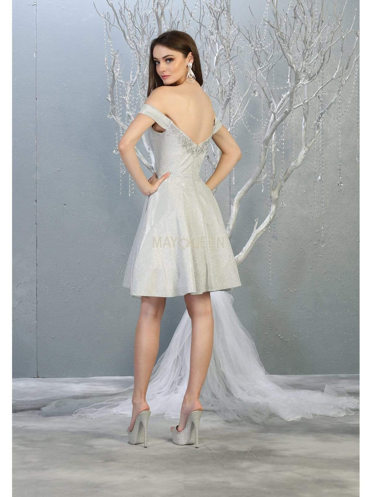 Silver Off-Shoulder Short Glitter Cocktail Dress A-Line May Queen MQ1788