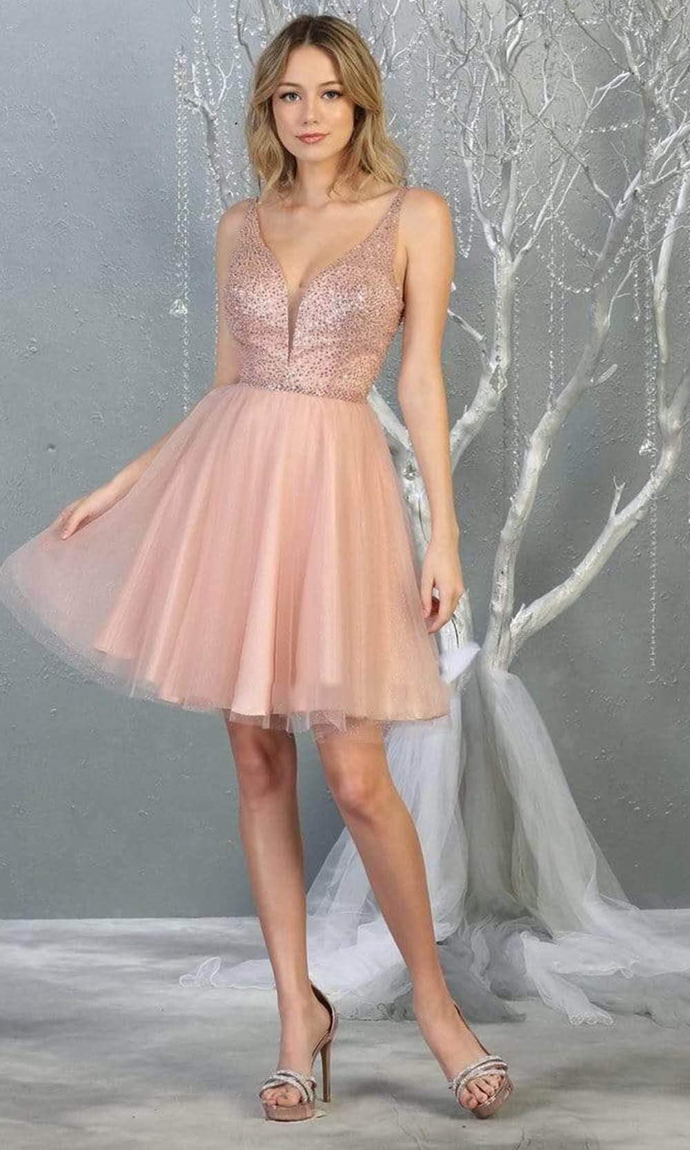 Blush V-Neck Short Tulle Cocktail Dress Rhinestone May Queen MQ1797