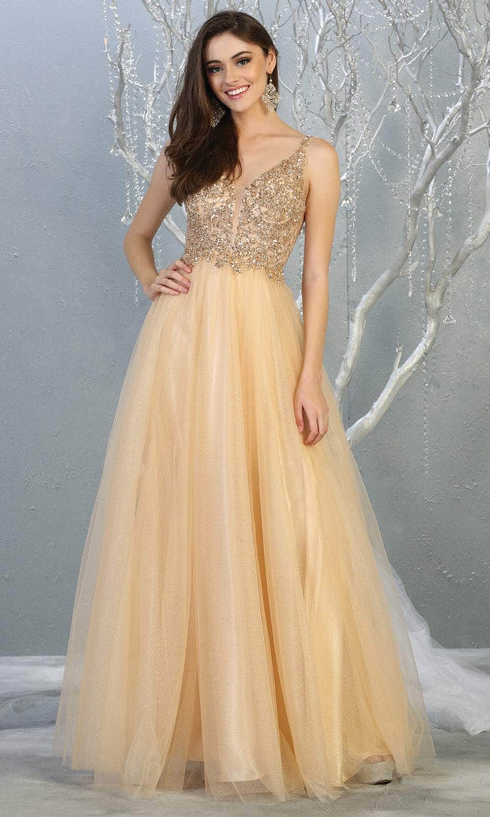 Champagne V-Neck Floor-Length Tulle Prom Dress Sequined May Queen MQ1798