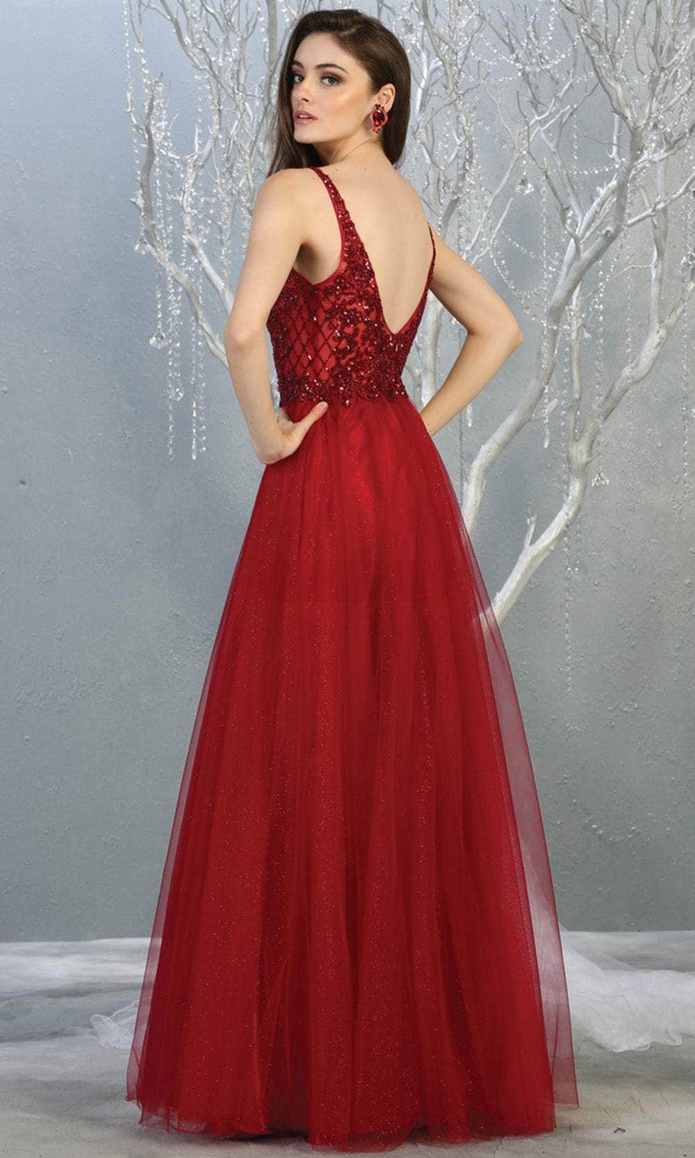 Burgundy V-Neck Floor-Length Tulle Prom Dress Sequined May Queen MQ1798