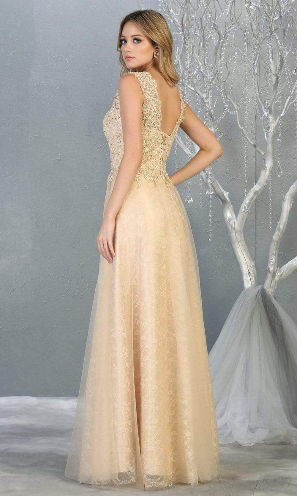 V-Neck Floor-Length Tulle Evening Gown A-Line May Queen 1799