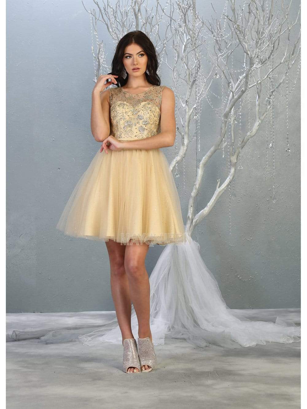 Champagne Jewel Short Tulle Homecoming Cocktail Dress Embroidery May Queen MQ1803