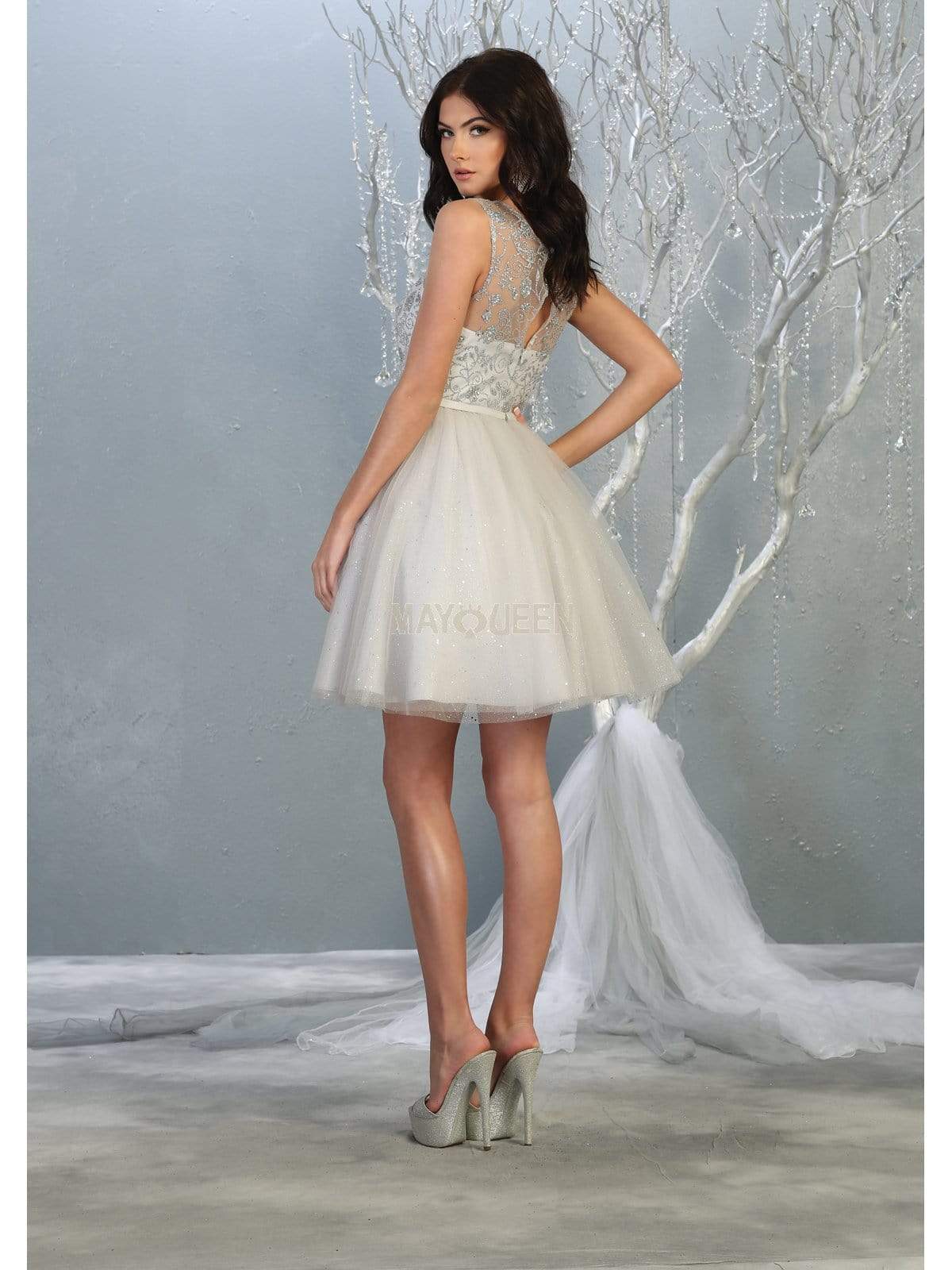 Silver Jewel Short Tulle Homecoming Cocktail Dress Embroidery May Queen MQ1803