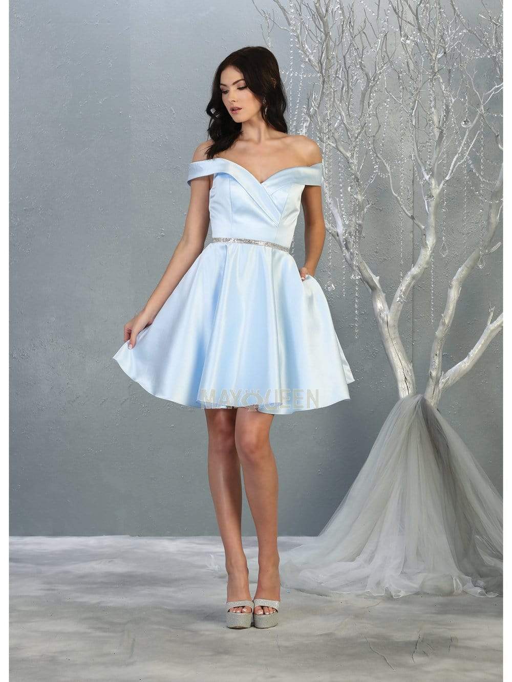 Baby/Blue Off-Shoulder Short Satin Cocktail Dress Rhinestone May Queen MQ1815