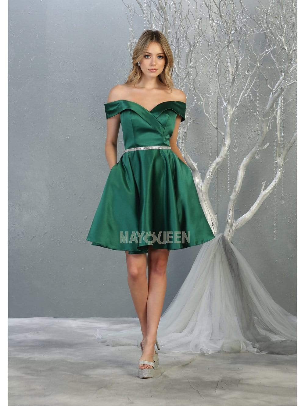 Hunter/Green Off-Shoulder Short Satin Cocktail Dress Rhinestone May Queen MQ1815