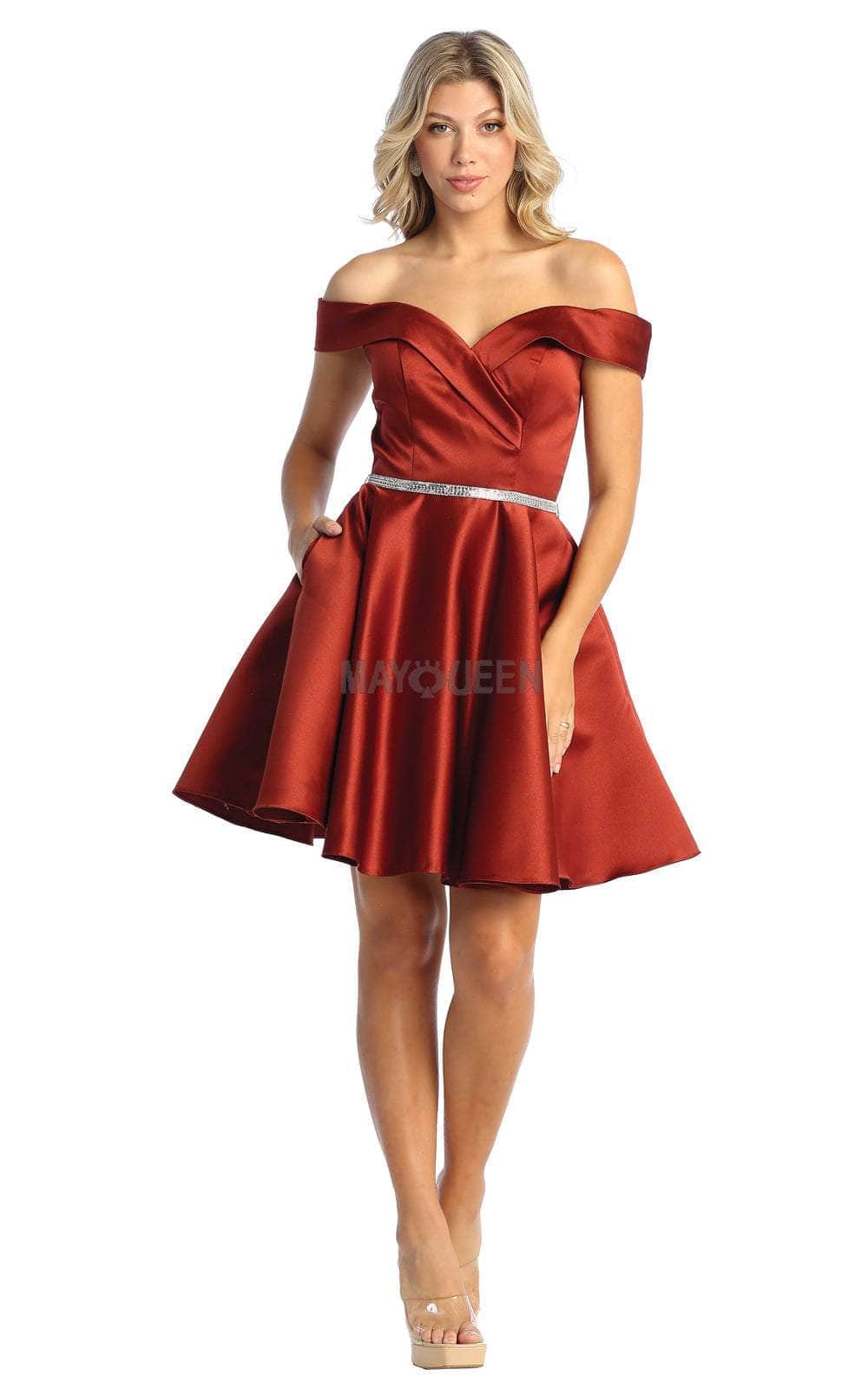 Burgundy Off-Shoulder Short Satin Cocktail Dress Rhinestone May Queen MQ1815