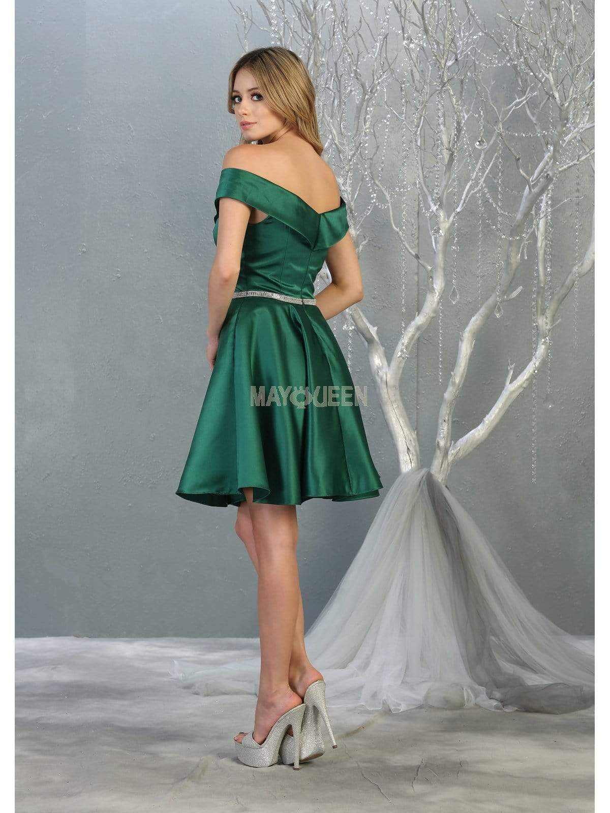 Hunter/Green Off-Shoulder Short Satin Cocktail Dress Rhinestone May Queen MQ1815