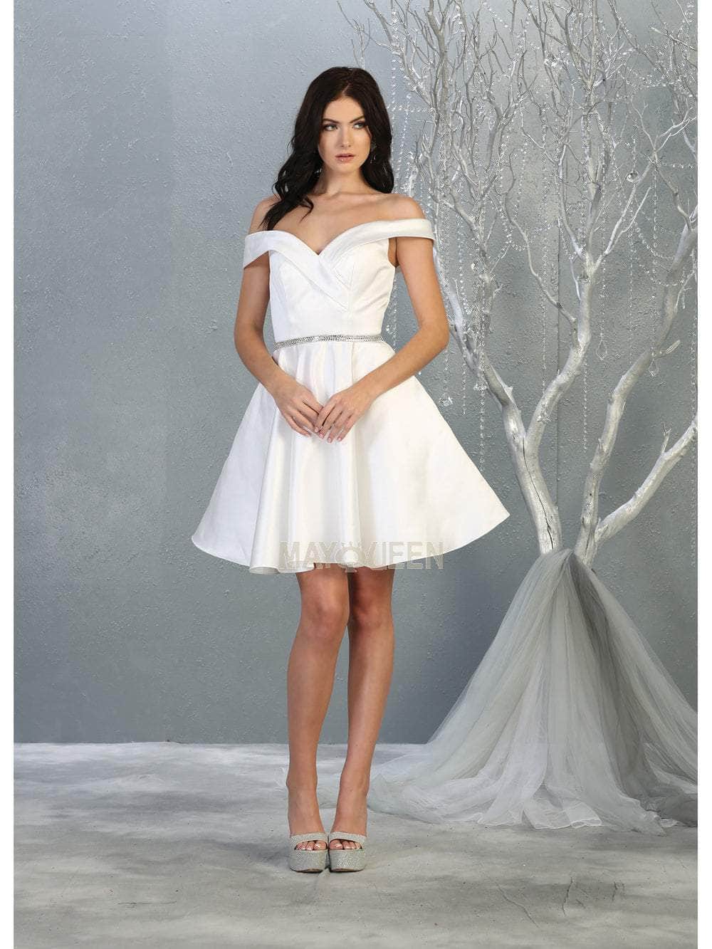 White Off-Shoulder Short Satin Wedding Dress Rhinestone May Queen MQ1815