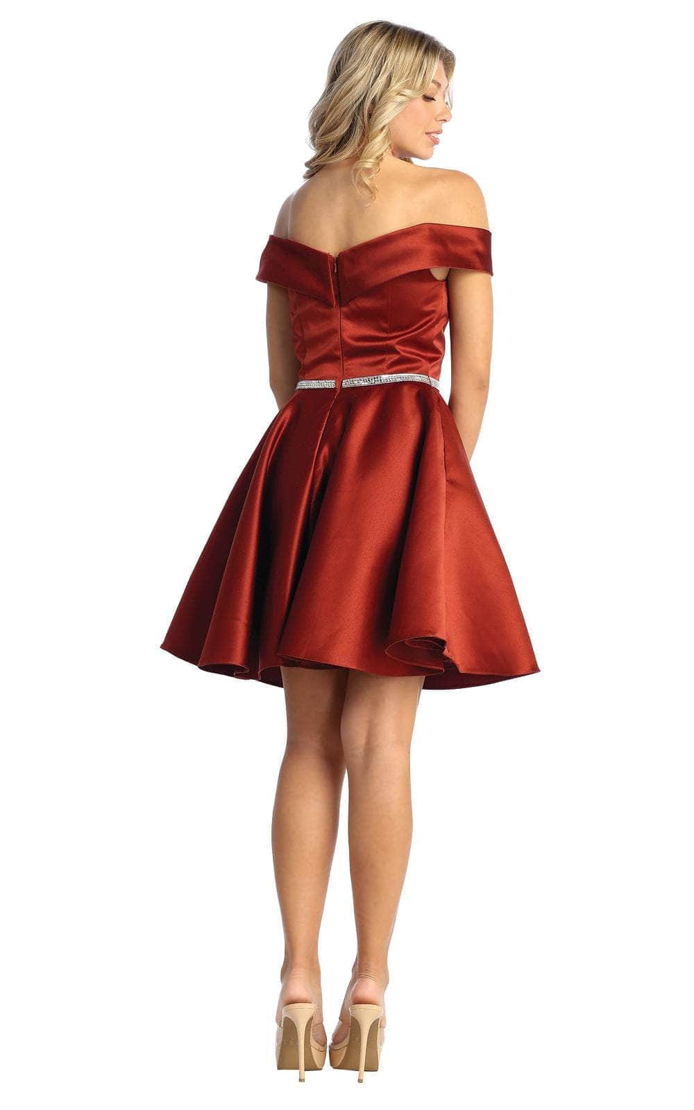 Burgundy Off-Shoulder Short Satin Cocktail Dress Rhinestone May Queen MQ1815