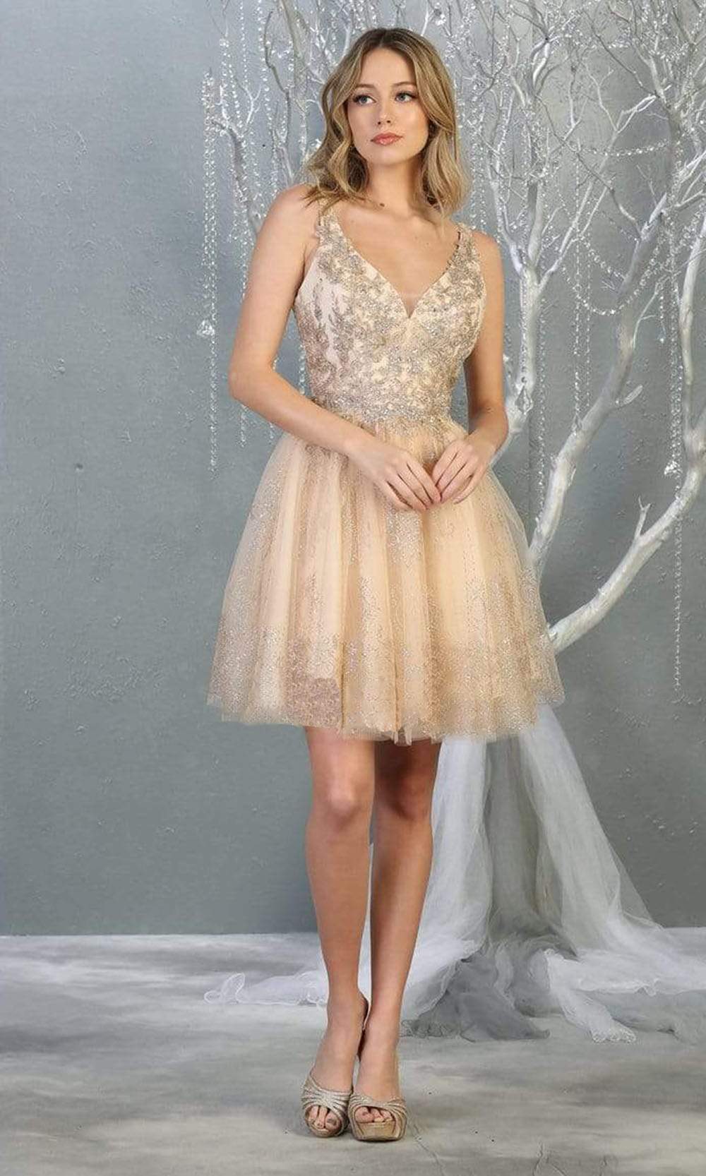 Champagne/Gold V-Neck Short Tulle Homecoming Cocktail Dress Embroidery May Queen MQ1817