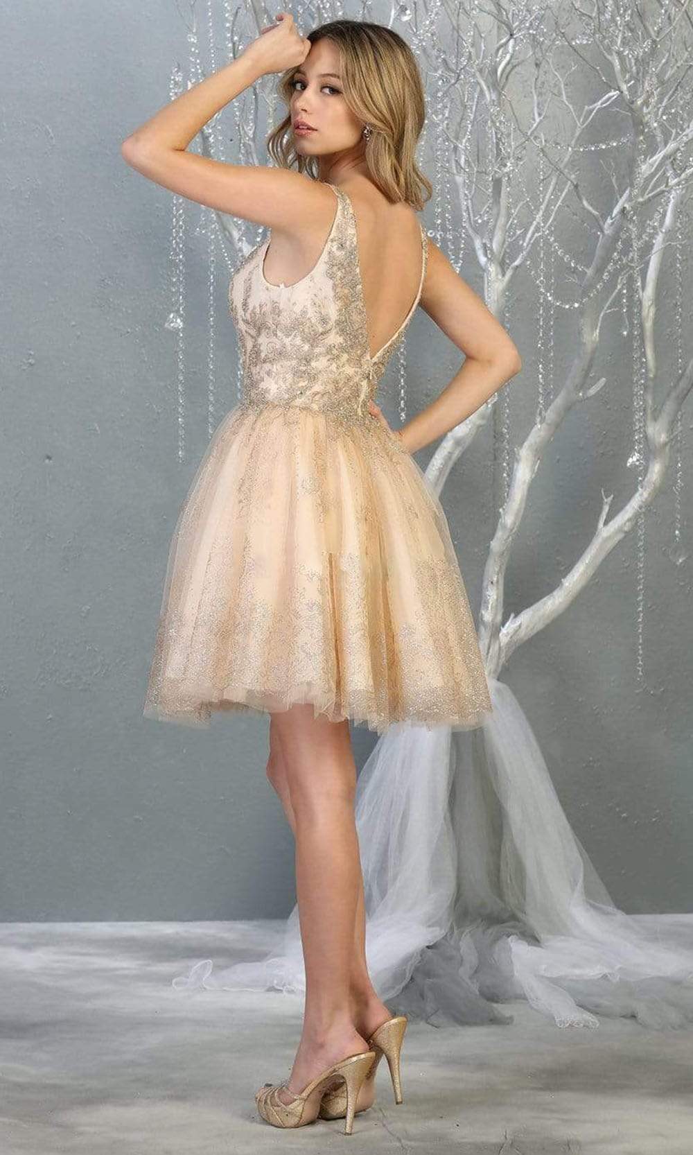 Champagne/Gold V-Neck Short Tulle Homecoming Cocktail Dress Embroidery May Queen MQ1817