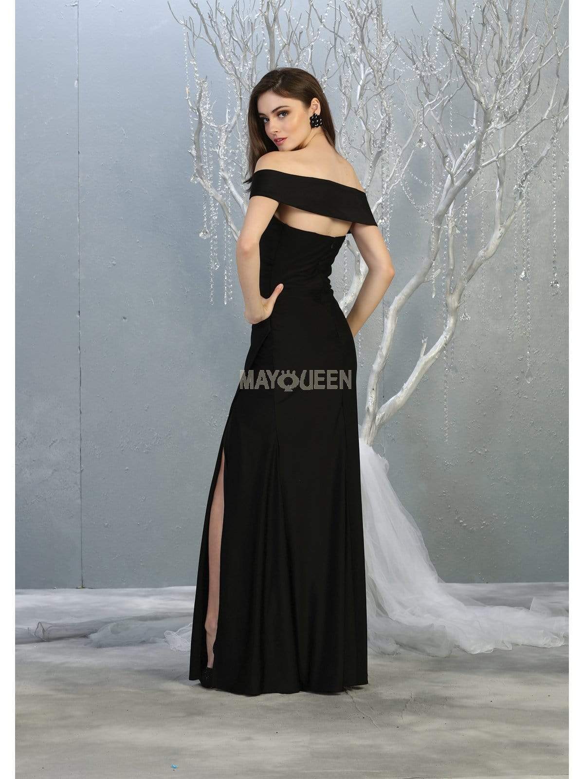 Black Off-the-Shoulder Floor-Length Jersey Formal Evening Gown High Slit May Queen MQ1825