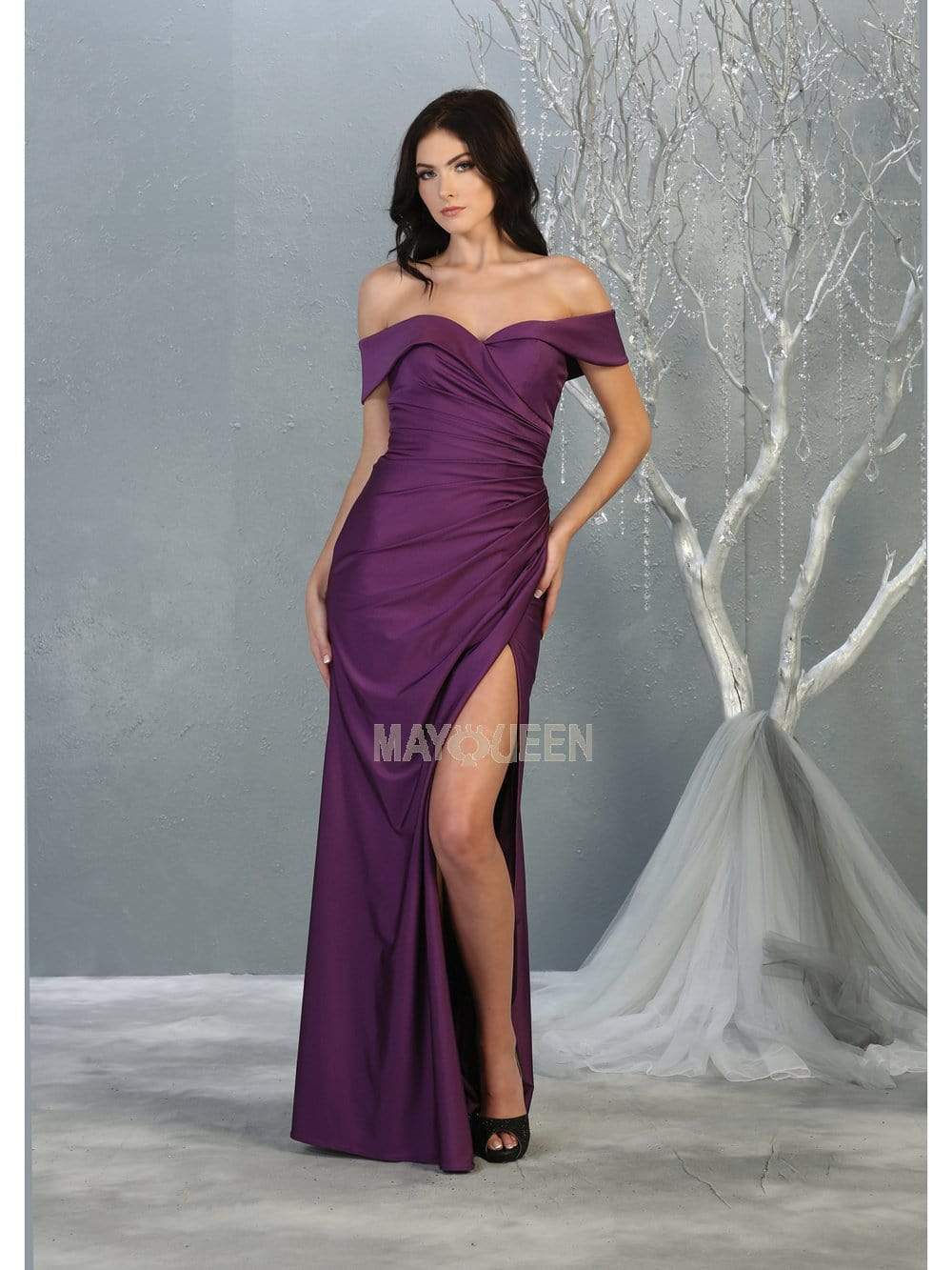 Eggplant Off-the-Shoulder Floor-Length Jersey Formal Evening Gown High Slit May Queen MQ1825