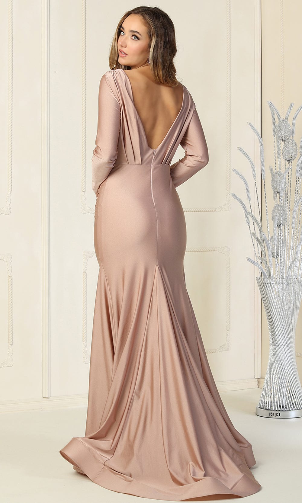 Mauve Plunging V-Neck Floor-Length Jersey Formal Long-Sleeve Gown May Queen MQ1833