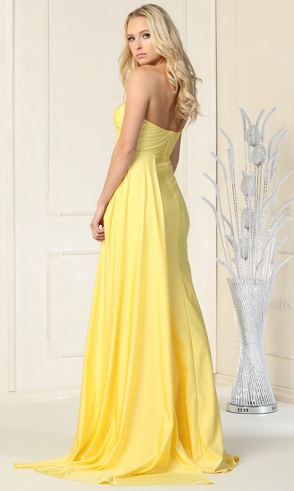 Yellow One-Shoulder Floor-Length Jersey Formal Gown Side Train May Queen MQ1834